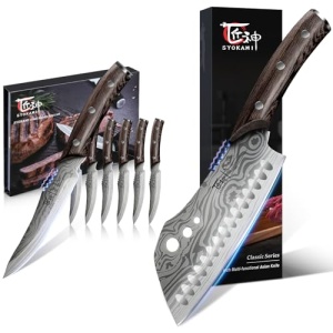 SYOKAMI Steak Knives Set of 6+Cleaver Chef Knife 7 Inch