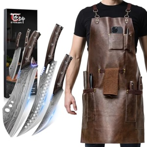 SYOKAMI 3 PCS Butcher Knife Set+Leather Chef Cooking Apron