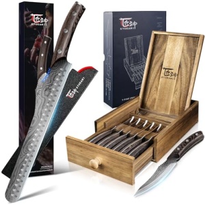 SYOKAMI Steak Knives Set of 6 with Drawer Organizer+Multifunction Carving Knife 12 Inch