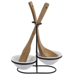 MyGift Countertop Ceramic Spoon Rest with Matte Black Metal Stand, Upright Ladle Holder Rack with 2 Bowl Dish