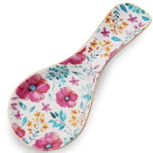 Ceramic Spoon Rest for Stove Top Kitchen Counter Large Spoon Holder Farmhouse Floral Flowers Print Coffee Spoon Cooking Utensil Tools Rest Modern Kitchen Decor