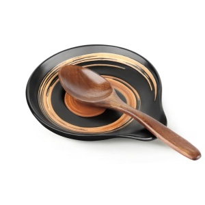 VanlonPro Ceramic Spoon Rest, 5 Inch Spoon Holder for Stove Top, Kitchen Counter, Utensils, Ladle, Coffee Spoons, Cooking spoons, Spatula, Housewarming Gifts, Black & Hand-painted Swirl