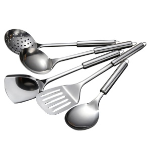 5 PCS Cooking Utensils Set Stainless Steel Kitchen Utensils Gadgets Resistant Cooking Tools Includes Slotted Spoon, Slotted Spatula, Large Spoon, Soup, Spatula(Sliver)