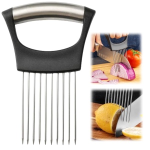 Onion Slice Holder, 2024 New Stainless Steel Holder for Slicing, Chopper Assistant Tool, Cutter for Meat, Onion, Potato, Tomato - Kitchen Gadgets (Black, 1 Pack)