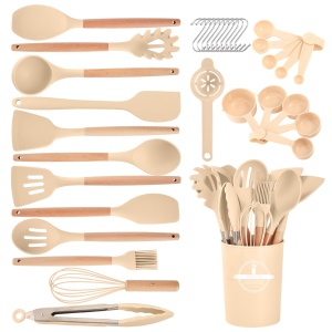 Kitchen Utensils Set - 34 PCS Non-Stick Silicone Cooking Utensils Set Spatula Set with Holder, Wooden Handle Spoon,Brush,Whisk Kitchen Gadgets Tools Set for Nonstick Cookware (Khaki-34P)