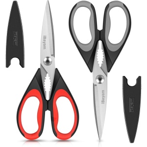 iBayam Kitchen Scissors All Purpose Heavy Duty 2 Pack with Protective Sheath, Stainless Steel Shears Kitchen Utensils Set for Cutting Food Cooking Meat Poultry Dishwasher Safe Soft Comfort-Grip