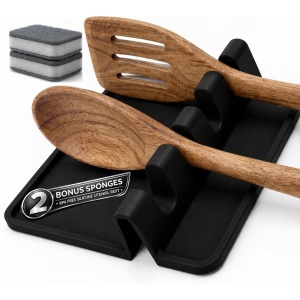 Spoon Rest for Stove Top, Silicone Spoon Holder for Kitchen Counter, Heat Resistant Drip Pad, BPA Free, Non-Slip, 4 Slots, Includes 2 Bonus Sponges (Black)