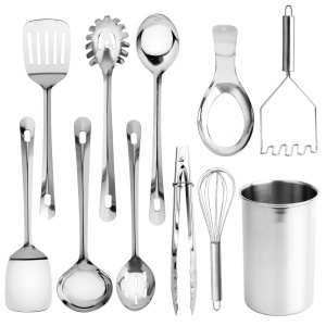 COOK WITH COLOR Kitchen Utensil Set - premium Nonstick & Heat Resistant Kitchen Gadgets, Turner, Spaghetti Server, Serving Spoons, Whisk, Tongs, Masher & Utensil Holder, 10-piece Stainless Steel