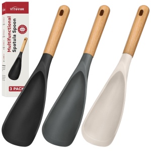 3 PACK Cooking Spatula & Spoon for Nonstick Cookware, Multifunction Spoonula Great for Scrape, Scoop, Serving, Baking, Mixing, Stirring, Flipping - Sturdy BPA-Free Heat Resistant Silicone, Wood Handle