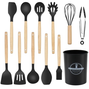 12-Piece Silicone Kitchen Utensils Set with Wooden Handle, Non-Stick & Heat Resistant Cooking Utensils (446°F), Includes Spatula, Spoon, Turner, Tongs, Whisk, Great for Home Cooks-Black