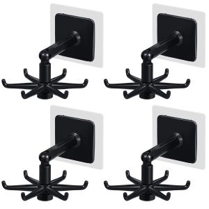 Hanging Utensil Holder Hooks Kitchen Utensil Hanger Wall Mount 360 Degrees Rotating Folding Hook Self Adhesive Hook Utensil Rack with 6 Hooks for Kitchen Bathroom Cabinet (4 Black)