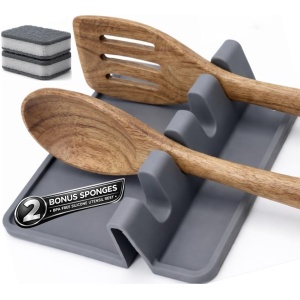 Spoon Rest for Stove Top, Silicone Spoon Holder for Kitchen Counter, Heat Resistant Drip Pad, BPA Free, Non-Slip, 4 Slots, Includes 2 Bonus Sponges (Gray)