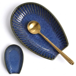 Ceramic Spoon Rest for Stove Top, Spoon Holder for Kitchen Counter, Lead-Free Utensil Rest for Cooking Spoons, Ladles & Spatulas, Dishwasher Safe Farmhouse Kitchen Decor- VintageBlue