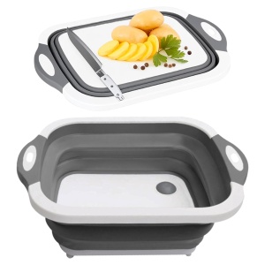 SSKT 3-in-1 Collapsible Cutting Board – Multifunctional Kitchen Sink Tub Basin with Drain, Chopping Board & Washing up Bowl – Space-Saving & Portable for Kitchen, Camping, RV, & Outdoor Use (Grey)