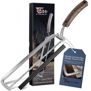 SYOKAMI 2026 Upgrade Bread Knife for Homemade Bread, World's 1st Real Bow-Design Sourdough Bread Slicer, Razor-Sharp Cutter for Crusty Sourdough & Baguette, 4 Thickness Scale Marks, Ideal for Gift
