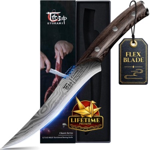 SYOKAMI Boning Knife for Meat Cutting, 6.7 Inch Fillet Knife with Wood Handle, High Carbon Razor Sharp Flexible Blade for Deboning, Trimming, Damascus Pattern Full Tang Design, House Warming Gifts