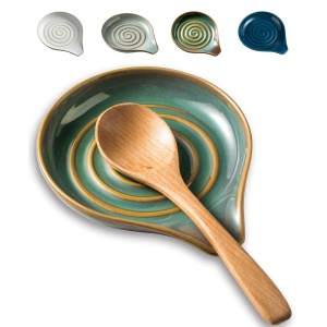 LAUCHUH Spoon Rest for Kitchen Counter,5" Spoon Holder for Kitchen Counter Stove Top Ceramic Spatula Holder for Mother's Day, Ladle, Spatula, Spoons or Tongs, Unique Green