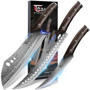 SYOKAMI Butcher Knife Set, 3 PCS Kitchen Knives Set for Cutting, Meat Cleaver Chef Knife Set, Japanese Style High Carbon Steel Knives Set, Chopping & Slicing & Boning for Home and BBQ, Ideal for Gift