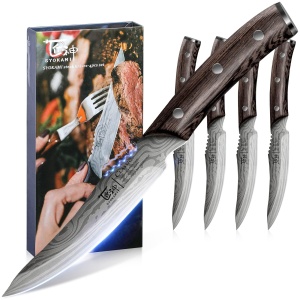 SYOKAMI Steak Knives Set of 4, 4.8 Inch Quality Japanese Style Smooth Edge Meat Knife with Wood Handle, Damascus Pattern Full Tang Design, Ultra Sharp Dinner Knives with Exquisite Box, Kitchen Gifts