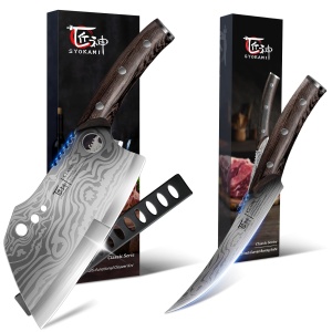 SYOKAMI 6.5 Inch Boning Knife Curved Blade+Meat Cleaver Chef Knife 7.7 Inch