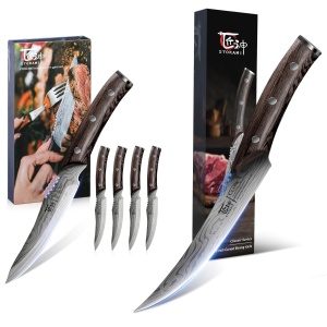 SYOKAMI Steak Knives Set of 4+6.5 Inch Boning Knife Curved Blade