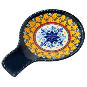 Spoon Rest for Stove Top, Large Ceramic Spoon Holder for Stove and Kitchen Counter, Heat-Resistant Cooking Utensil Rest for Tongs and Ladles, Blue Bohemian Spatula Holder Dishwasher Safe