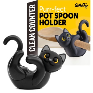 Black Cat Spoon Rest for Stove Top – Silicone Pot Clip Utensil Holder & Lid Lifter – Funny Kitchen Gadget, Unique Witchy Cat Gifts for Women & Halloween – 3" x 2.5"