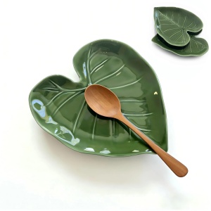 Ceramic Spoon Rest Set of 2, Leaf Spoon Holder for Stove Top & Kitchen Counter, Keeps Counters Clean, Heat Resistant & Dishwasher Safe, Cute Green Kitchen Decor Gift