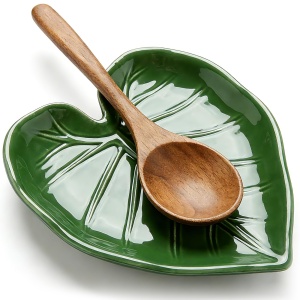 Green Ceramic Spoon Rest for Stove Top and Kitchen Counter, Keeps Counters Clean, Green Leaf Spoon Holder for Spoons Ladles Spatulas, Heat Resistant Kitchen Utensil Rest, Cute Kitchen Decor Gift