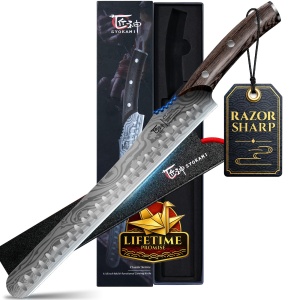 SYOKAMI Brisket Slicing Knife, 12 Inch Multifunction Carving Knife for Meat Cutting, Japanese Style Meat Slicer with Wood Full Tang Handle, Damascus Pattern Long Slicing for Roast Beef, Ideal for Gift