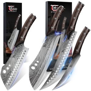 SYOKAMI 3 PCS Butcher Knife Set+Cleaver Chef Knife 7 Inch