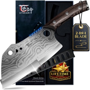 SYOKAMI Meat Cleaver Chef Knife with Sheath, 7.7 Inch Butcher Knife with Herb Stripper, Chopping Knife Heavy Duty Bone Cutting, Damascus Pattern Full Tang Wood Handle, Birthday Gift for Men