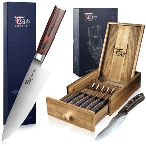 SYOKAMI Steak Knives Set of 6 with Drawer Organizer+8 Inch Japanese Chef Knife