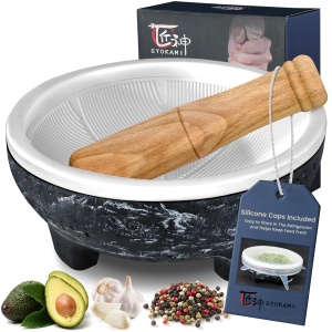 SYOKAMI No Rock Powder 2 Cup Mortar and Pestle Set with Silicone Covers, 6.5 Inch World's 1st Lightweight Molcajete Mexicano with Grinding Ridge, High Efficiency for Guacamole, Spice and Herb, Gift