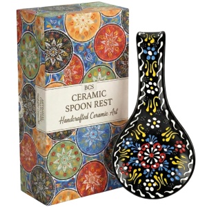 BCS Ceramic Spoon Rest, Large 9” Hand Painted Spoon Holder for Stove Top & Kitchen Counter, Dishwasher Safe & Heat Resistant Utensil Holder, Floral Kitchen Decor, Handmade Pottery
