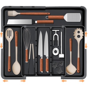 Spaclear Large Utensil Drawer Organizer Expandable Silverware Organizer for Kitchen Drawer Adjustable Cooking Utensil Holder Cutlery Flatware Tray Spatula Tools Gadgets Storage Dividers Plastic Black
